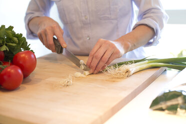 Nahaufnahme einer Frau, die in der Küche Gemüse schneidet - MAEF010116