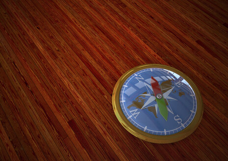 3D-Rendering, Goldener Kompass auf hölzernem Hintergrund - ALF000445