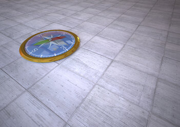 3D-Rendering, Goldener Kompass auf gefliestem Boden - ALF000444