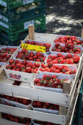 Deutschland, Niedersachsen, Hildesheim, Erdbeeren in Pappbechern auf dem Markt - EVGF001434