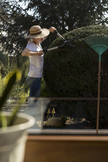 Woman in garden pruning yew tree - MIDF000252