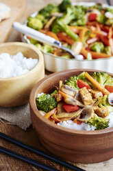 Broccoli, carrot, mushroom stir fry with tofu on rice - HAWF000754