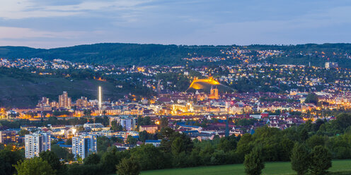 Germany, Baden-Wuerttemberg, Esslingen, View to city centre with castle in the evening - WDF003047