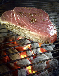 Thunfischsteak auf dem Grill über glühenden Holzkohlebriketts. - ABAF001642