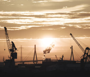 Deutschland, Hamburg, Silhouetten von Hafenkränen bei Sonnenuntergang, im Hintergrund die Köhlbrandbrücke - KRPF001409