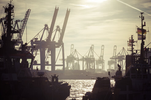 Deutschland, Hamburg, Hamburger Hafen, Hafenkräne und Schleppschiffe bei Sonnenuntergang - KRPF001417