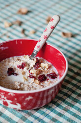 Garnola with cranberries in red plastic bowl - LSF000056