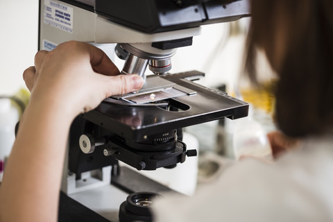 Lab technician using microscope stock photo