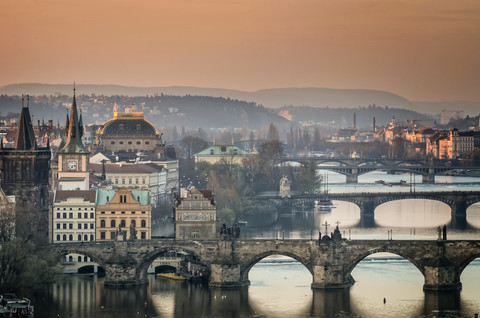 Czech Republic, Prague, cityscape with Charles Bridge at dawn stock photo