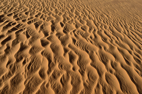 Algerien, Tassili n' Ajjer, Sandkräuselungen auf einer Wüstendüne in der Sahara, lizenzfreies Stockfoto