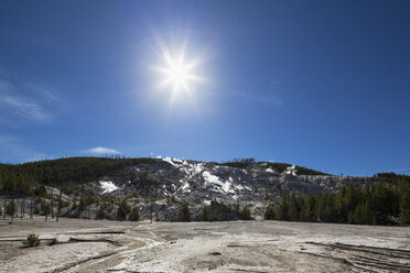 USA, Yellowstone National Park, Mountian, Forest fire against the sun - FOF007988