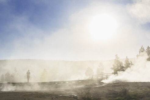 USA, Wyoming, Yellowstone-Nationalpark, Unteres Geysir-Becken, Touristen und Dampf der Geysire am Morgen - FOF008001