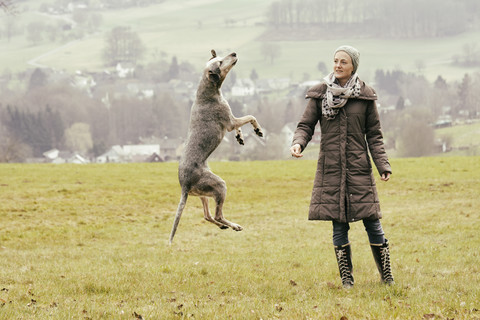 Frau beim Sport mit Hund auf einer Wiese, lizenzfreies Stockfoto