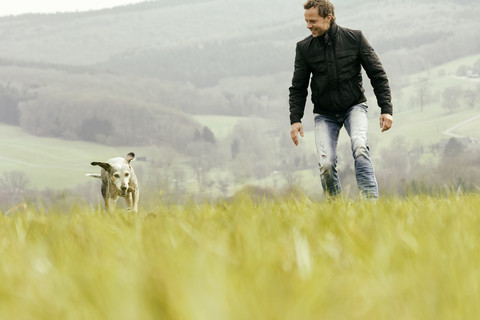 Man exercising with dog on meadow stock photo