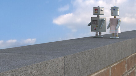 Männlicher und weiblicher Roboter auf Mauervorsprung, 3D-Rendering - UWF000423