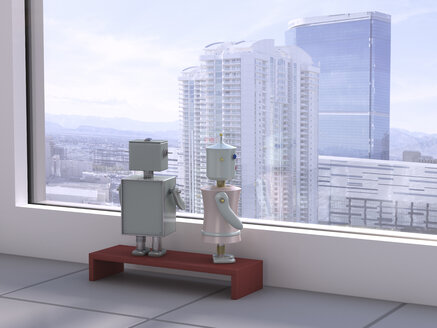 Männlicher und weiblicher Roboter am Fenster mit Blick auf die Skyline, 3D-Rendering - UWF000434