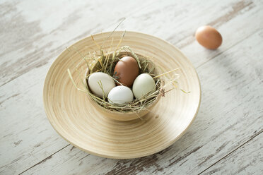 Osternest mit Eiern in Schale auf Holz - MAEF010248