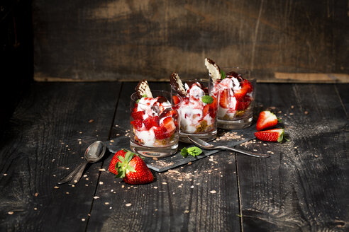 Dessert in Gläsern mit Joghurt, Quark, Erdbeeren, Schokoladensplittern und Schoko-Marshmallows - MAEF010256