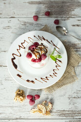 Dessert in glass with raspberries, curd, yoghurt, dried apple, almond slivers and chocolate sauce - MAEF010260