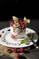 Dessert in glass with raspberries, curd, yoghurt, dried apple, almond slivers and chocolate sauce - MAEF010263