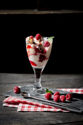 Glass of Bourbon vanilla ice with hot raspberries and chocolate sauce - MAEF010273