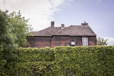 Deutschland, Dach eines alten Hauses hinter einer mit Schlingpflanzen bewachsenen Mauer - ASCF000149