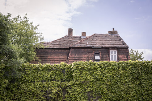 Deutschland, Dach eines alten Hauses hinter einer mit Schlingpflanzen bewachsenen Mauer - ASCF000149