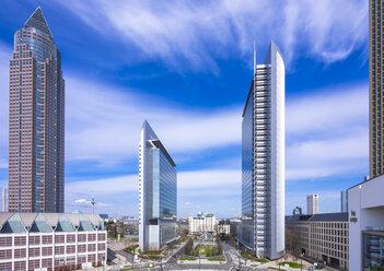 Germany, Hesse, Frankfurt, view to modern office buildings at European Quarter, Trade Fair Tower, Kastor and Pollux - AMF003975