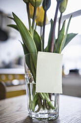 Klebezettel auf einem Glas mit Tulpen auf einem Küchentisch - RIBF000020