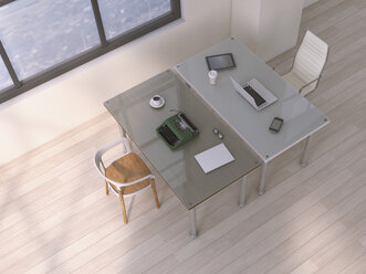 Zwei Schreibtische mit unterschiedlicher Ausstattung, 3D-Rendering - UWF000435