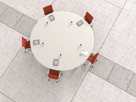 Blick auf runden Konferenztisch von oben, 3D Rendering - UWF000437