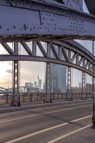Germany, Hesse, Frankfurt, ECB Tower behind bridge construction stock photo