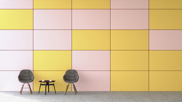 Wartebereich mit zwei Stühlen und einem Beistelltisch vor einer farbigen Wand, 3D Rendering - UWF000446