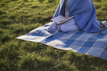 Woman reading book on blanket in meadow - RIBF000044