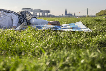 Frau liest auf einer Decke in einer Wiese ein Buch - RIBF000042