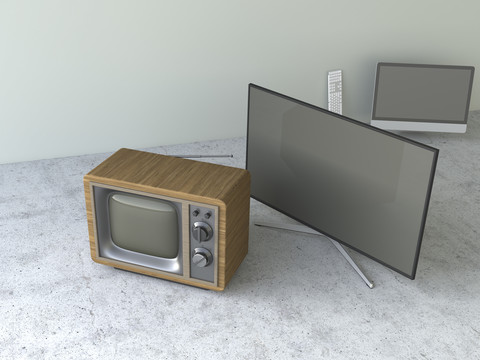 Altmodische Röhrenfernseher und moderne Flachbildfernseher, 3D-Rendering, lizenzfreies Stockfoto