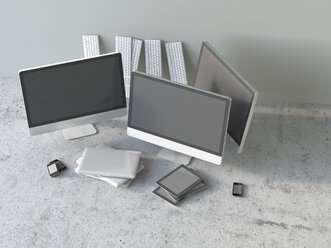 Sortiment von Computerbildschirmen, Tastaturen, Laptops, Tablets und Smartphones, 3D-Rendering - UWF000448