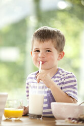 Porträt eines Jungen, der Milch mit einem Strohhalm trinkt - MFRF000196