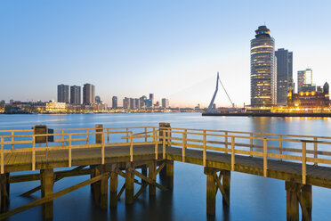 Netherlands, County of Holland, Rotterdam, View to Erasmus bridge, Kop van Zuid, pier in front - MSF004519
