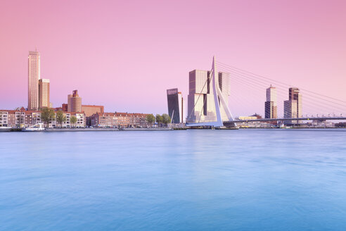 Niederlande, Grafschaft Holland, Rotterdam, Blick auf die Erasmusbrücke und die Skyline am Abend - MSF004521