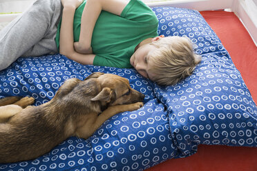 Boy and dog lying on bed - PDF000917