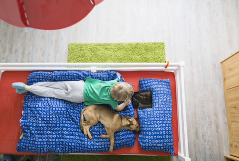 Hund auf dem Bett liegend mit einem Jungen, der ein digitales Tablet benutzt, lizenzfreies Stockfoto