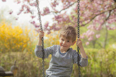 Germany, Berlin, Cherry blossom, Little boy sitting on swing, smiling - MMFF000724