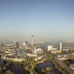 Germany, Dusseldorf, aerial view of the city with River Rhine and Rhine Tower - DWIF000485
