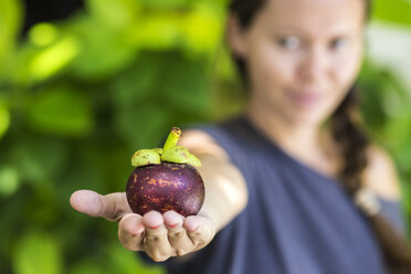 Indonesia, Bali, mangosteen on woman's hand - KNTF000027