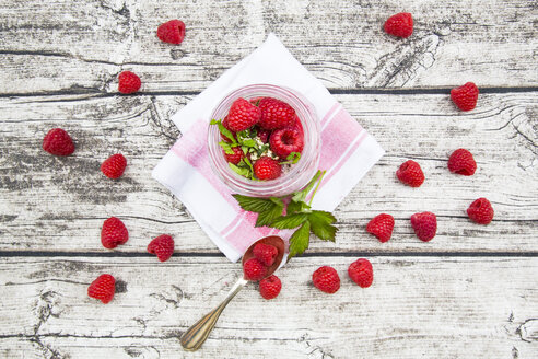 Himbeeren, Chia, Milch, Kiwi, Hanfsamen und Minze in einem Glas - LVF003315