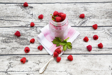 Raspberries, chia, milk, kiwi, hemp seed and mint in a glass - LVF003316