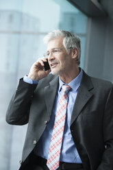 Businessman standing at window using mobile phone - RBF002666