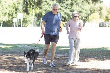 Älteres Paar joggt mit Hund - ZEF004749