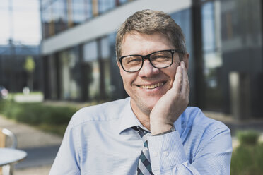 Germany, Portrait of mature businessman, hand on chin, smiling - UUF004106